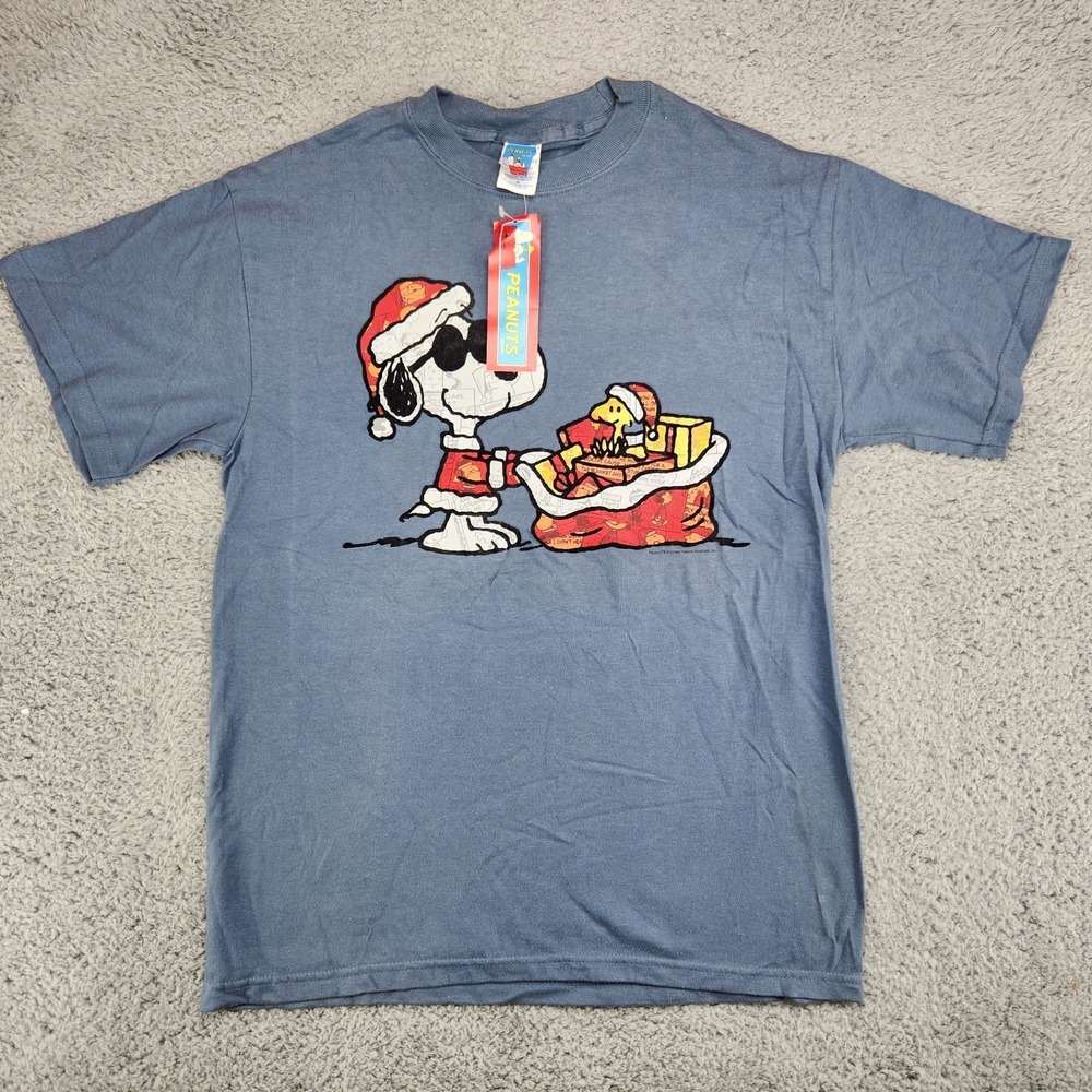 Peanuts Snoopy & Woodstock Christmas T-Shirt SS Santa & Toy Sack Blue Mens M